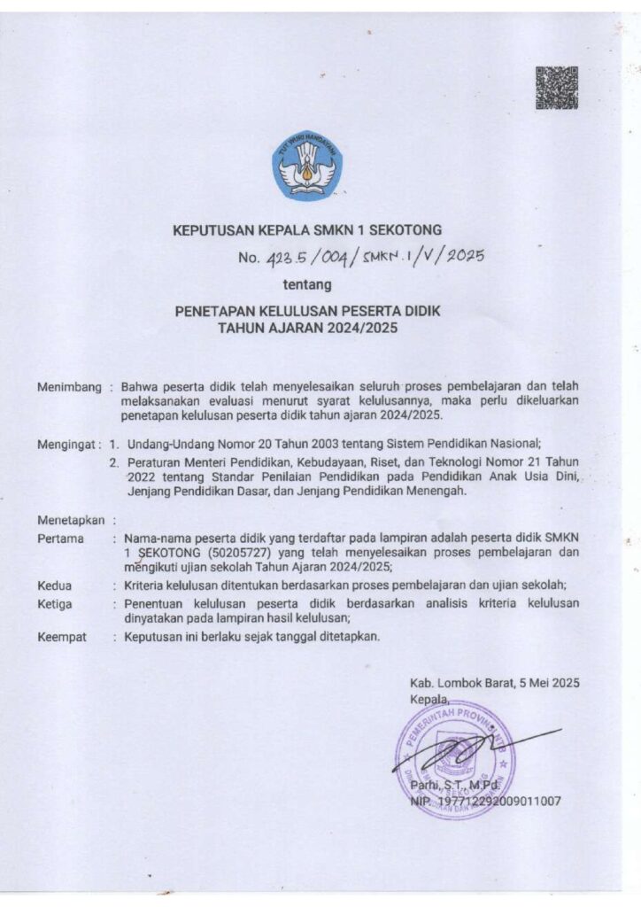 PENGUMUMAN KELULUSAN SISWA/SISWI KELAS XII TP. 2024/2025